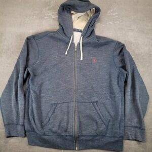 Polo Ralph‎ Lauren XXL Blue Full Zip Hoodie Red Pony Logo Mens Sweater Flaws